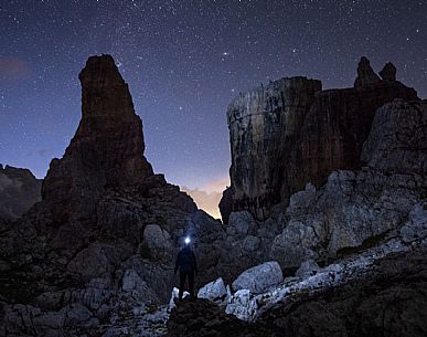 Cinque Torri peak by night, Cortina d'Ampezzo, dolomites, Veneto, Italy, Europe